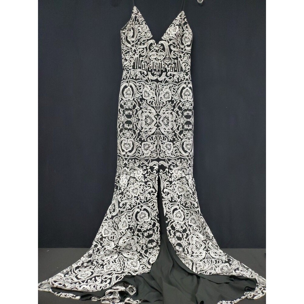 Monique Lhuillier Dress Gown Sz 4 Black White Brocade Tindale Spaghetti Strap